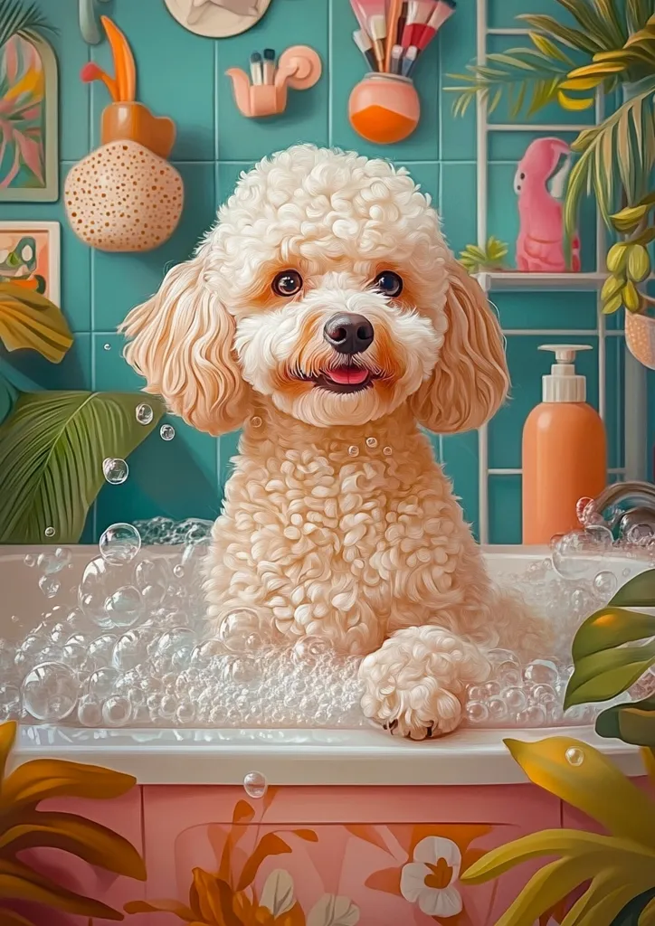 A fluffy white poodle sits in a pink bathtub, surrounded by bubbles. The dog has a playful expression on its face and is looking directly at the viewer.  The bathroom has a turquoise tiled wall, a pink bath mat, and a variety of decorative items.  The image is brightly colored and whimsical, creating a fun and playful atmosphere.