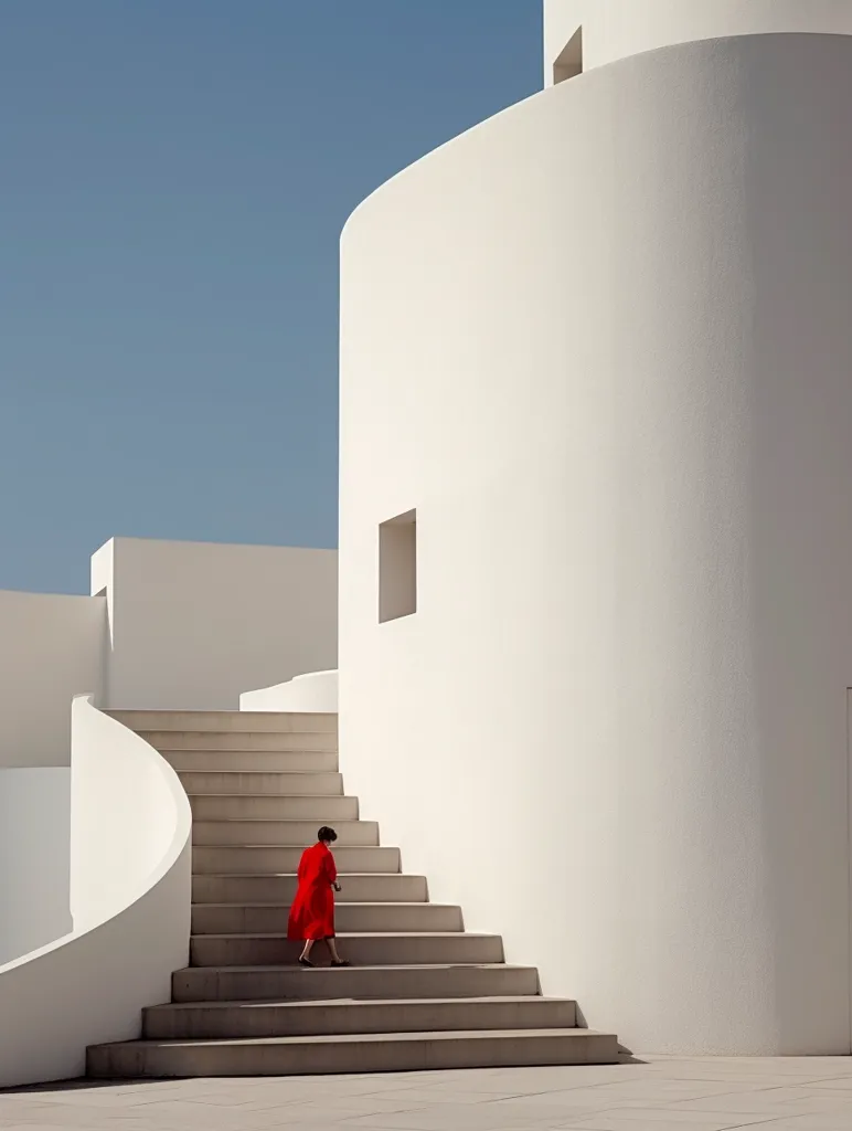 A woman in a red dress walks up a set of concrete stairs that curve around a corner of a white building. The building's simple, minimalist design features a small window and a curved wall, creating a stark contrast against the clear blue sky. The image captures a moment of solitude and the quiet beauty of architectural design.
