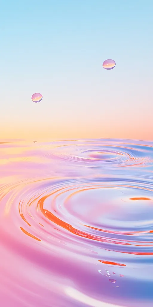 The image depicts a serene scene of water with pastel colors. Two small, transparent orbs float above a ripple-filled surface that shifts from blue to purple and then to pink. The water is smooth and glassy, reflecting the soft light of the setting sun. The overall effect is calming and tranquil.