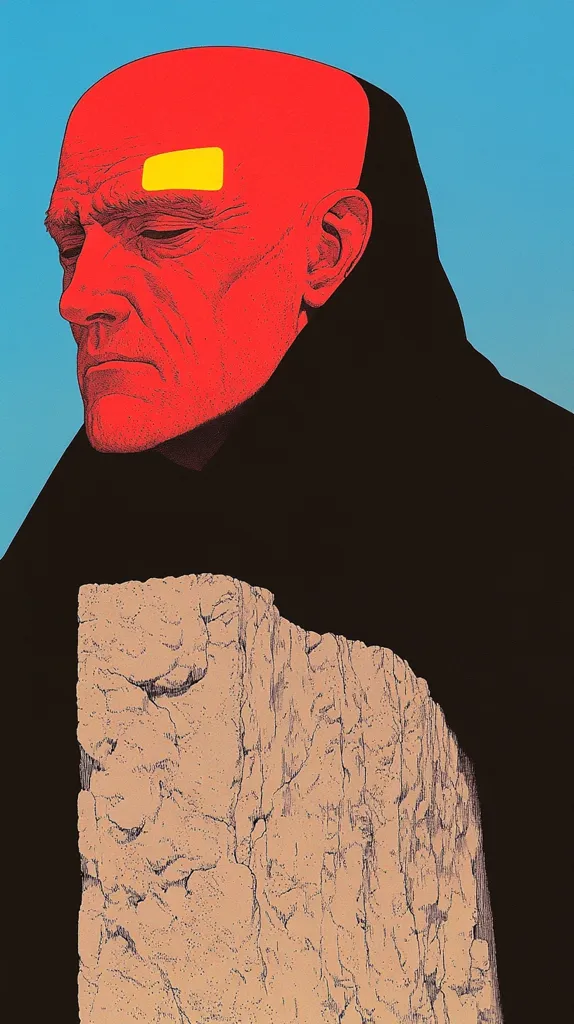 The image depicts a man with a bright red head, wearing a black cloak. His face is drawn with sharp lines, and he has a serious expression. A small yellow rectangle is placed above his right eyebrow. The background is a plain blue sky. A large, textured rock formation is visible in the bottom right corner of the image.  The image has a minimalist style, using bold colors and stark contrasts.
