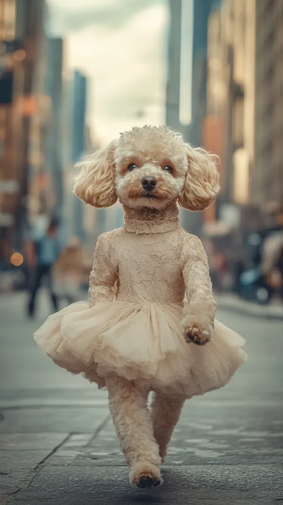 A small, fluffy dog, likely a poodle, is dressed in a light pink, ruffled dress and walking down a city street. The dog has a playful expression and is facing forward, with its ears perked up. The background is out of focus, showing a cityscape with buildings and other people in the distance. The dog's white fur and the soft fabric of its dress create a whimsical and elegant contrast.  The image is likely taken from a low angle, making the dog appear larger and more prominent in the frame.  The overall tone of the image is lighthearted and charming, capturing the joy and innocence of the dog's personality.