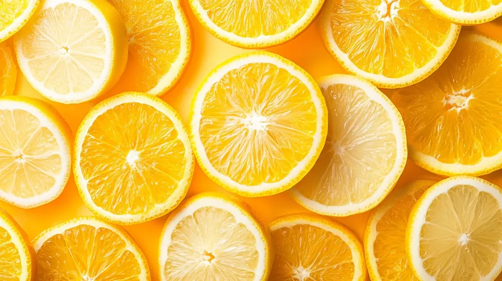 A vibrant arrangement of lemon slices, showcasing their juicy, yellow flesh and distinct segments. The bright yellow color fills the image, creating a cheerful and refreshing scene. Some slices are slightly out of focus, adding a sense of depth and texture. The image radiates a summery vibe, inviting viewers to imagine the tangy taste and refreshing aroma of lemons.