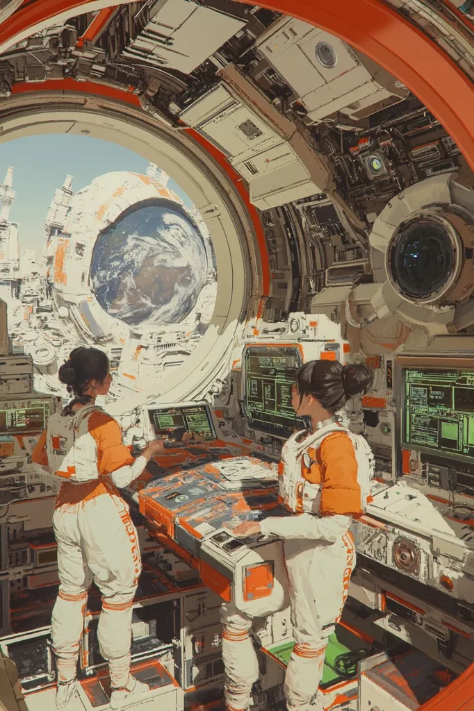 Two astronauts in white and orange jumpsuits work at a control panel inside a spaceship. A large window shows a view of Earth and a space station. The control panel is cluttered with screens and buttons, indicating a busy work environment. The spaceship interior is futuristic and detailed, with a mix of white, orange, and grey elements. The image captures a moment of focus and activity in a spacefaring mission.