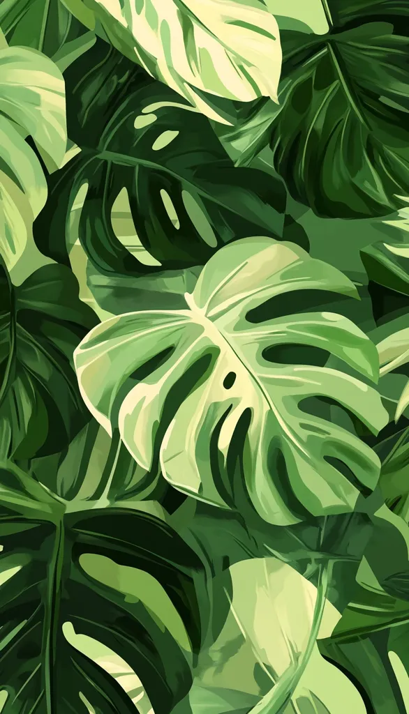 The image depicts a close-up view of lush green tropical foliage. The leaves are various shades of green and have intricate patterns. A large, prominent leaf with a distinct shape is in the center, surrounded by smaller leaves. The overall effect is one of vibrant life and tropical abundance.