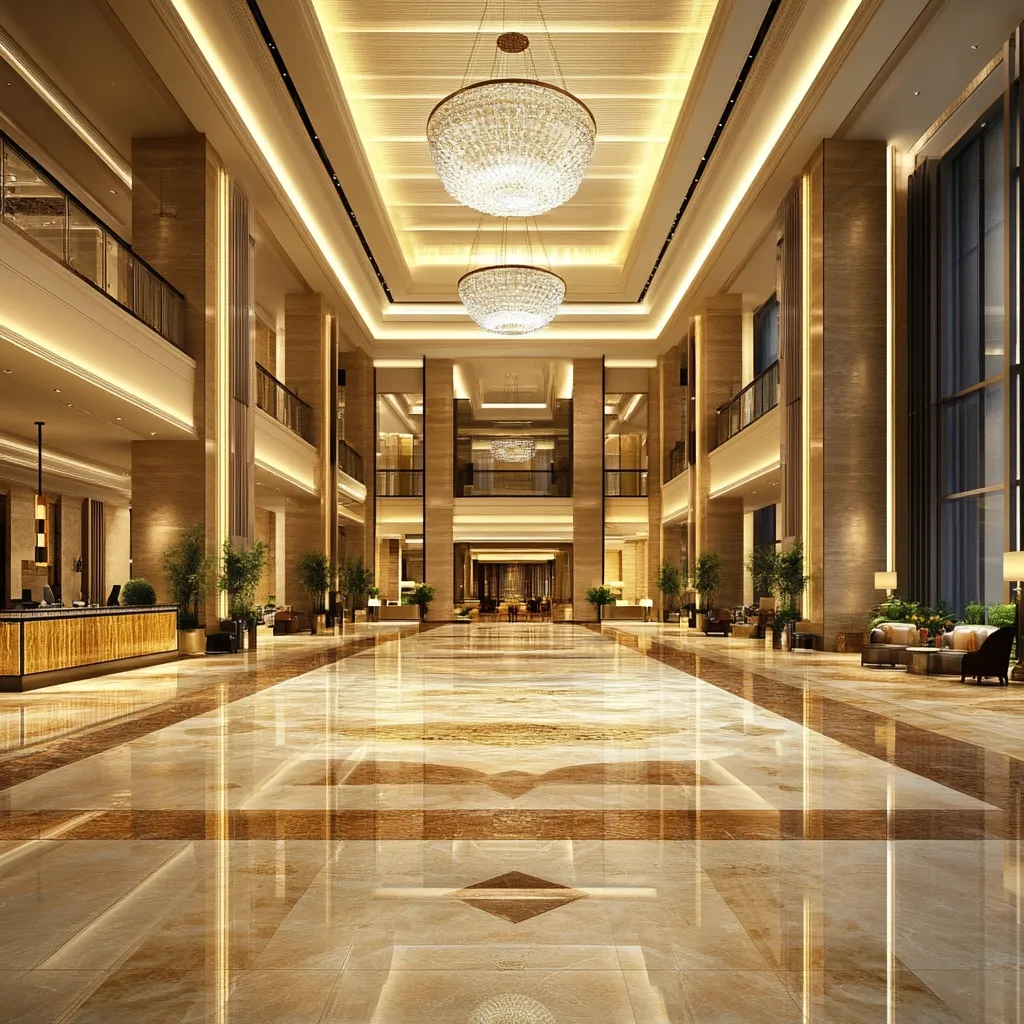 The image shows the grand lobby of a luxurious hotel. The space is vast and airy, with high ceilings adorned with sparkling chandeliers.  The floor is polished marble, reflecting the light from the chandeliers and the windows that line the walls. The walls are a warm, golden hue, creating a sense of opulence and sophistication. There are potted plants and comfortable seating areas scattered throughout the lobby, inviting guests to relax and enjoy the ambiance. The overall impression is one of elegance and grandeur, making it clear that this is a place of high-end hospitality.