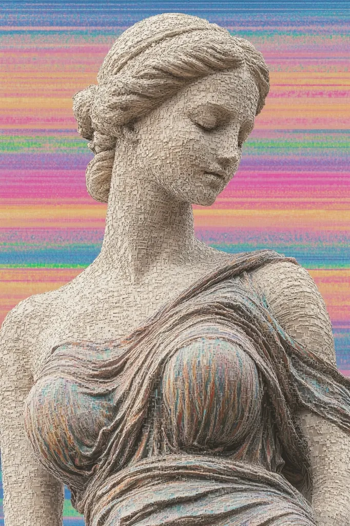 The image is a digital rendering of a classical sculpture of a woman, likely a Greek goddess. She is depicted with her head turned down and her eyes closed, seemingly in contemplation or sadness. Her hair is styled in a traditional bun. Her body is draped in a flowing garment with intricate details. The background is a colorful, textured pattern that adds a contemporary and abstract feel to the classical subject.