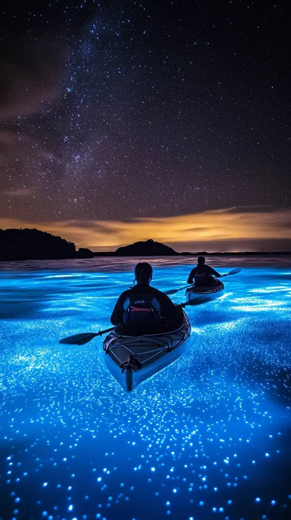Two people paddle kayaks on a calm, bioluminescent sea. The water sparkles with tiny blue lights, mirroring the Milky Way above. The silhouettes of the kayakers and their paddles against the starry sky create a captivating contrast. The scene is serene and magical, showcasing the beauty of nature's light show.