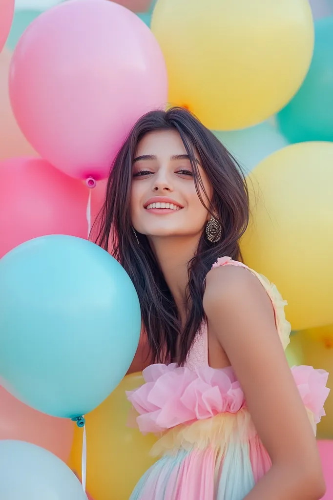 A young woman with long dark hair is surrounded by colorful balloons. She is smiling and wearing a light pink and blue dress with ruffles. The balloons are in various colors, including pink, yellow, and blue. The scene is bright and celebratory.