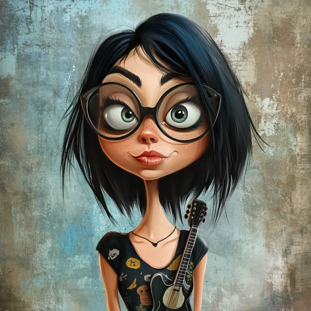 A cartoon woman with large, round, black-rimmed glasses and dark, short hair is looking to the left of the frame. She has a small, upturned nose, large, bright green eyes and a slight smile. She is wearing a black and yellow patterned shirt, a black necklace and a brown leather strap on her left wrist.  Behind her, a dark-colored ukulele is slung over her left shoulder. A grunge background in hues of blue and brown surrounds her.