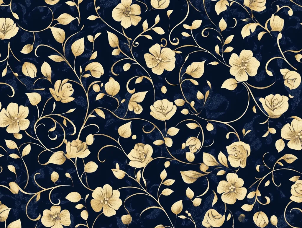 The image features a seamless pattern of gold flowers and leaves on a dark blue background. The flowers are stylized with five petals and are arranged in a random, yet elegant pattern. The leaves are long and thin, adding to the intricate design. The image is reminiscent of classic wallpaper patterns, creating a luxurious and sophisticated aesthetic.
