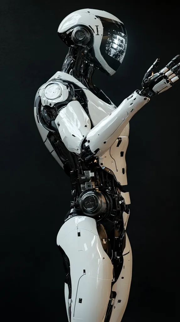 A white humanoid robot with a sleek, futuristic design stands against a black background. Its head is encased in a helmet with a visor that illuminates its face. The robot's body is intricately detailed, featuring visible gears, wires, and panels. Its right arm is extended, with its fingers pointing towards the viewer, as if it were making a gesture. The image evokes a sense of technological advancement and the potential of artificial intelligence.