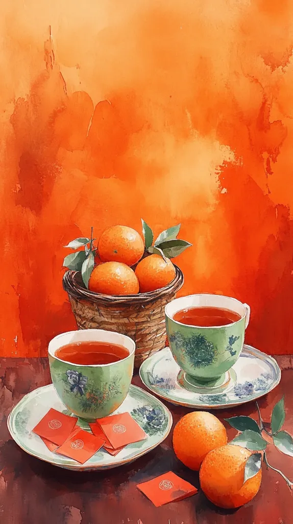 The image depicts a still life with two cups of tea and oranges. The cups are green and white with floral designs and sit on saucers with red and gold accents. The oranges are arranged in a basket and on the table, offering a vibrant splash of color against the warm orange background. The composition suggests a cozy and inviting setting, perhaps a traditional tea ceremony or a simple moment of relaxation.  The overall tone is warm and inviting.