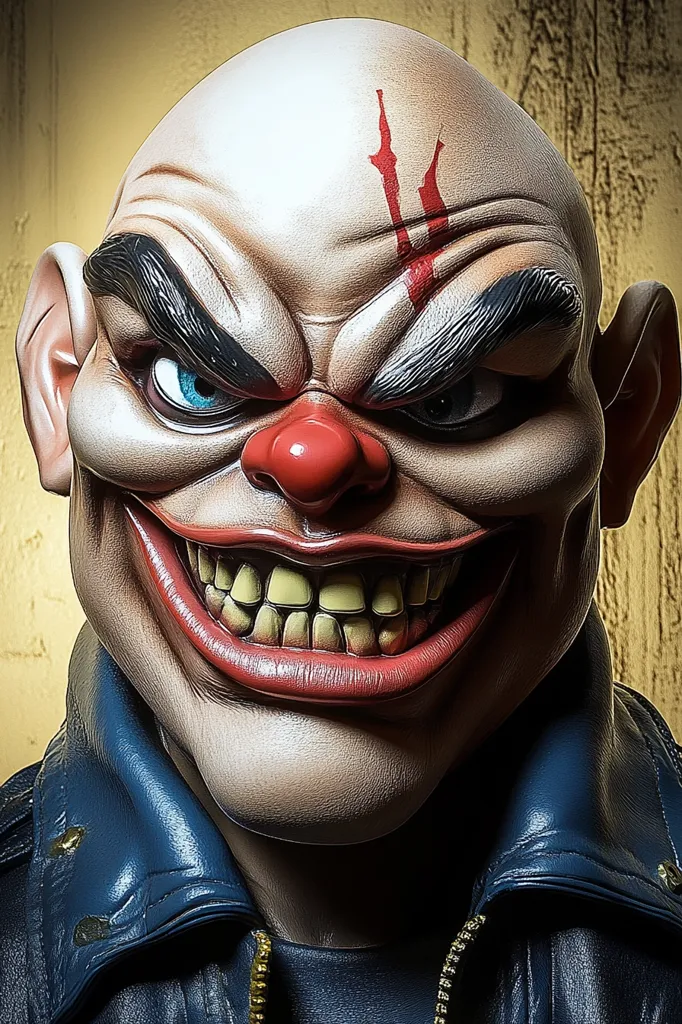 The image shows a close-up of a man's face. He has a large, exaggerated grin with large, pointed teeth. His face is sculpted with exaggerated features, including a large, red nose and prominent eyebrows. His skin is pale and he has a red scar on his forehead. He is wearing a blue leather jacket. The overall impression is of a menacing and grotesque figure.