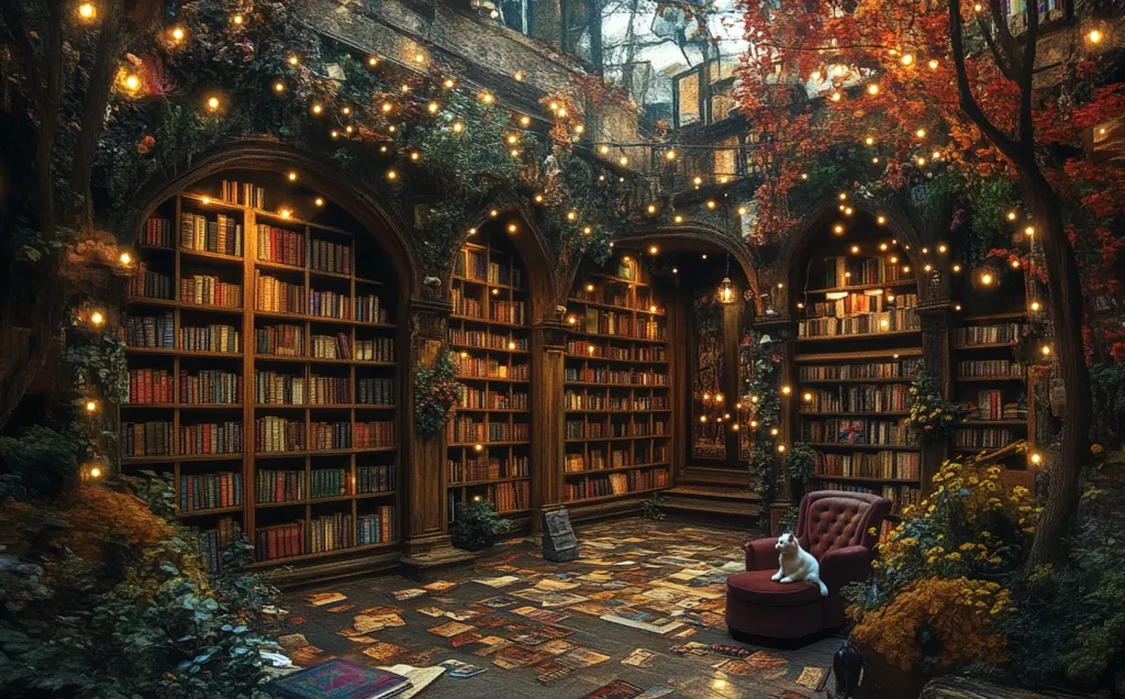 A cozy library with towering bookshelves filled with leather-bound volumes. The room is bathed in warm light from string lights woven through the greenery that creeps up the walls. A white cat sits on a crimson armchair, adding a touch of whimsy to the scene. The floor is strewn with open books, inviting the viewer to lose themselves in a world of stories.  A sense of peace and tranquility permeates the space, inviting one to curl up with a good book and escape into the world of literature.