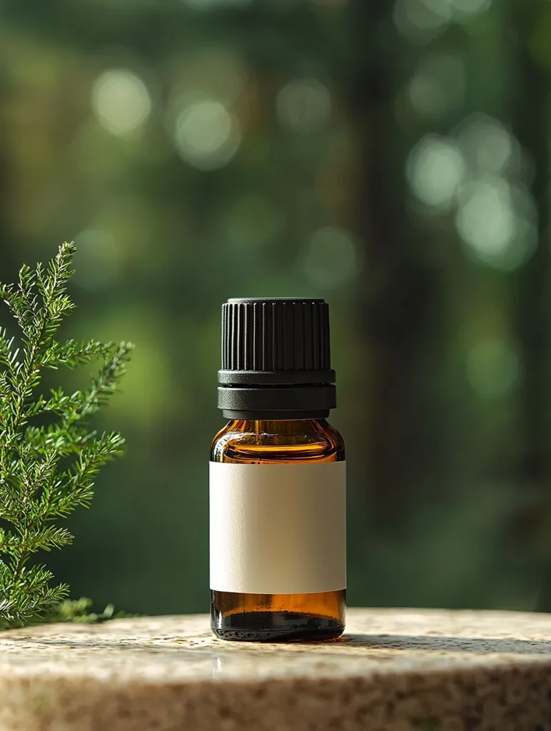 A small amber bottle with a black lid and a white label sits on a beige stone surface. A sprig of green foliage is visible on the left side of the image. The background is a blurred out green forest, creating a natural and calming aesthetic. The composition highlights the essential oil bottle in a simple yet elegant way.