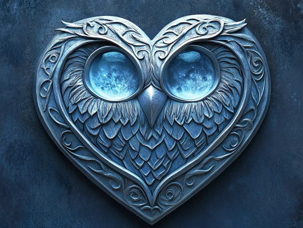 The image is of a silver heart-shaped owl pendant. The owl's eyes are large and round, with a blue, swirling pattern inside them. The owl's feathers are detailed, and the pendant is surrounded by a intricate, swirling design. The background is a dark blue, textured surface. The pendant is a unique and beautiful piece of jewelry, and the image is well-composed and captures the details of the pendant.