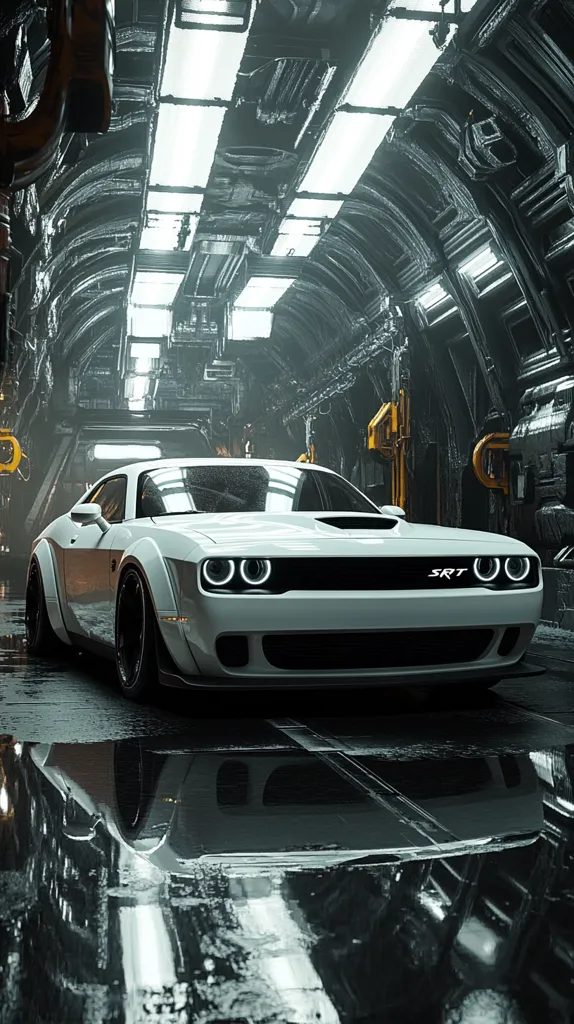 A sleek white Dodge Challenger SRT Hellcat sits in a dimly lit industrial setting, its headlights reflecting brightly. The car is parked in the middle of a large, wet, concrete floor, its reflection creating a distorted image of the surrounding area. The concrete is rough and textured, with metal beams and pipes running along the walls, creating a sense of ruggedness and abandonment. The car is perfectly positioned in the center of the frame, making it the focal point of the image. The composition is simple yet effective, drawing the viewer's eye to the powerful car.