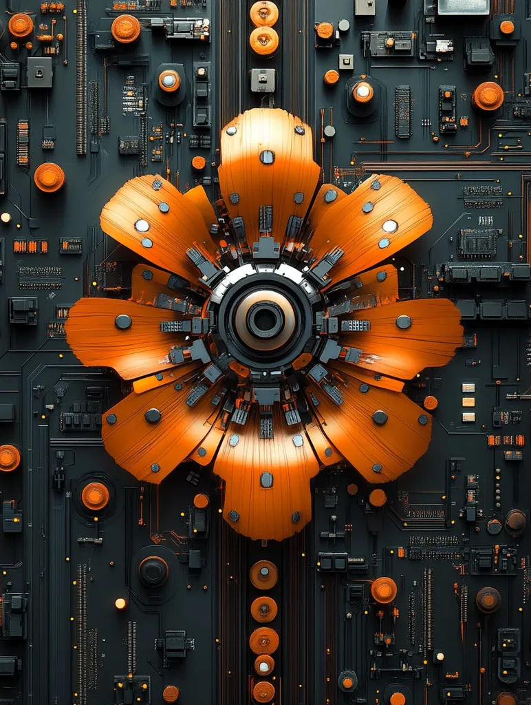 The image shows a stylized orange flower-like structure situated in the center of a black and orange circuit board. The flower is composed of multiple petals with a central black circular element with a smaller circle in its center. The circuit board is filled with intricate patterns of wiring and electronic components. The overall aesthetic is futuristic and abstract, with the flower seeming to represent a technological growth emerging from a digital landscape.
