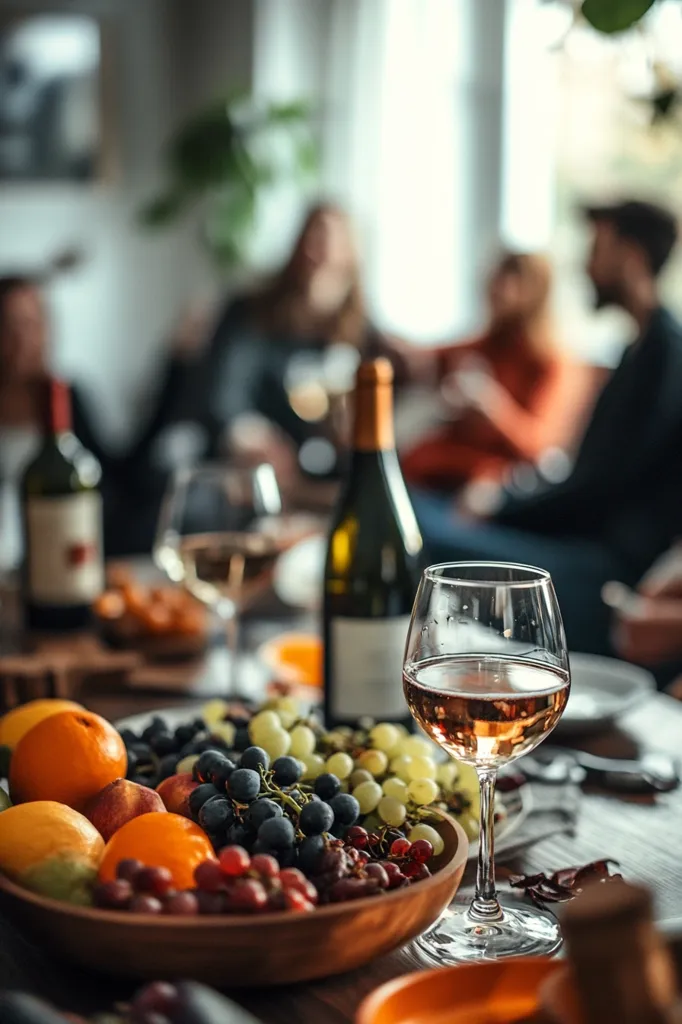 A table is set for a gathering with a glass of rose wine, a bottle of wine, and a bowl of fruit.  The fruit is a mix of grapes, oranges, and peaches.  The people are out of focus, but it's clear that they are enjoying themselves.