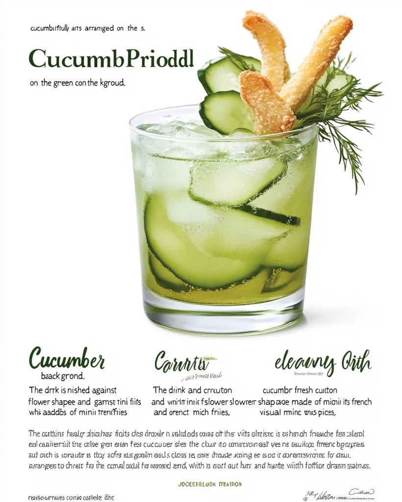 A tall glass filled with a refreshing cucumber drink. It features cucumber slices, ice cubes, and a few sprigs of dill. The glass is garnished with fried croutons, adding a touch of crunch to the drink. The image is accompanied by text describing the ingredients and the preparation of the drink.  The text is written in a whimsical, handwritten style, emphasizing the enjoyment of the beverage.