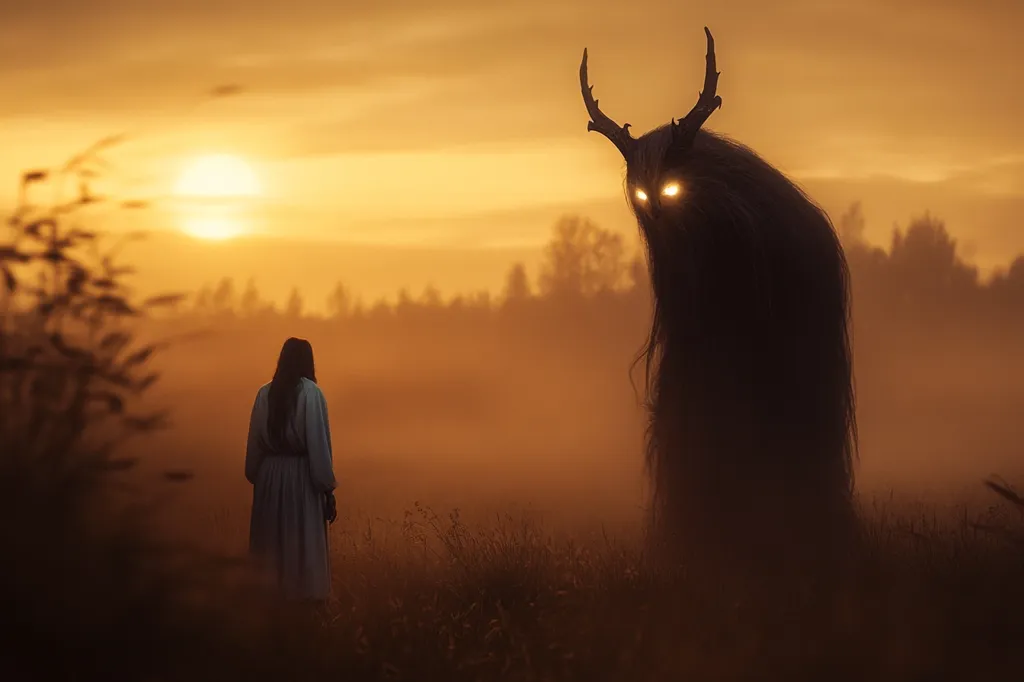 A woman stands in a foggy field at sunset, facing a large, shadowy creature with glowing eyes and antlers. The creature is tall and indistinct, shrouded in mist, and the woman is small and silhouetted against the golden sky. The scene evokes a sense of mystery and unease.
