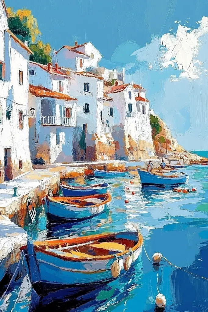 A picturesque scene of a small coastal town with white houses perched on a rocky cliff overlooking the calm blue waters. Several colorful boats are docked at the shore, their hulls reflecting the sunlight. The sky above is a clear blue with fluffy white clouds, creating a serene and idyllic atmosphere.  The painting is done in a vibrant, impressionistic style, capturing the essence of a charming Mediterranean village.