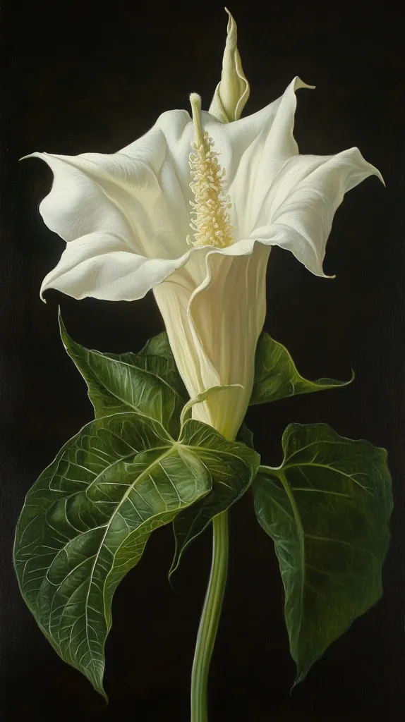 The painting features a single white flower with a long, delicate stem and large green leaves. The flower is in full bloom, with its petals spread out wide. The leaves are dark green and have a textured surface. The painting is set against a black background, which makes the flower and leaves stand out. The image is a realistic depiction of a botanical specimen, and it conveys a sense of beauty and tranquility.