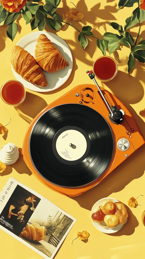 The image shows a vintage-style record player with a black vinyl record spinning on a bright orange turntable. There are two croissants on a white plate, a small plate of pastry, two cups of tea, a magazine and some autumn leaves scattered on a yellow surface. The image creates a cozy and nostalgic atmosphere.