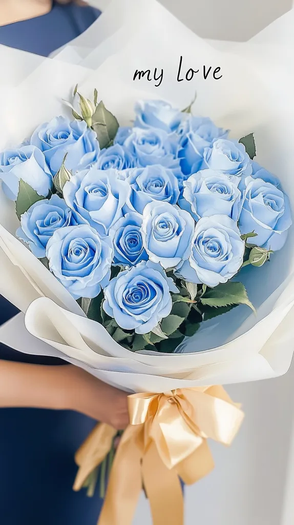 A bouquet of light blue roses is wrapped in white paper with a gold ribbon and a handwritten "my love" message on the front. The bouquet is being held by a person wearing a blue shirt. The flowers are arranged in a romantic way. The overall image conveys a sense of love and affection.