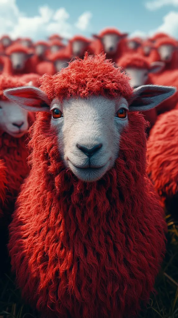 A sheep with bright red fur stands out amongst a crowd of other sheep. Its white face and dark eyes are visible, and it looks directly at the viewer. The sheep's red fur is soft and fluffy, and the background is blurred, creating a sense of depth.  The image is likely a surreal or symbolic representation of conformity and individuality.