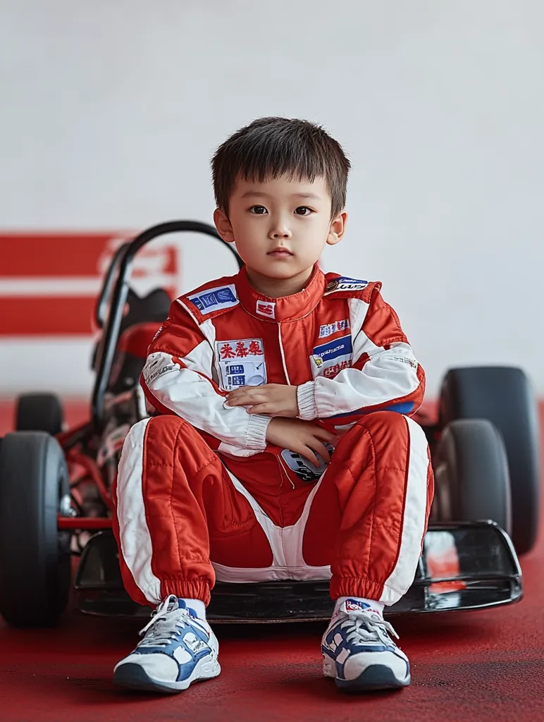 A young boy in a red racing suit sits in front of a go-kart. He has his arms crossed and is looking directly at the camera with a serious expression. He is wearing white sneakers. The go-kart is red and black with a white stripe.  The background is a white wall with a red stripe at the top.  The image has a warm, inviting feel.