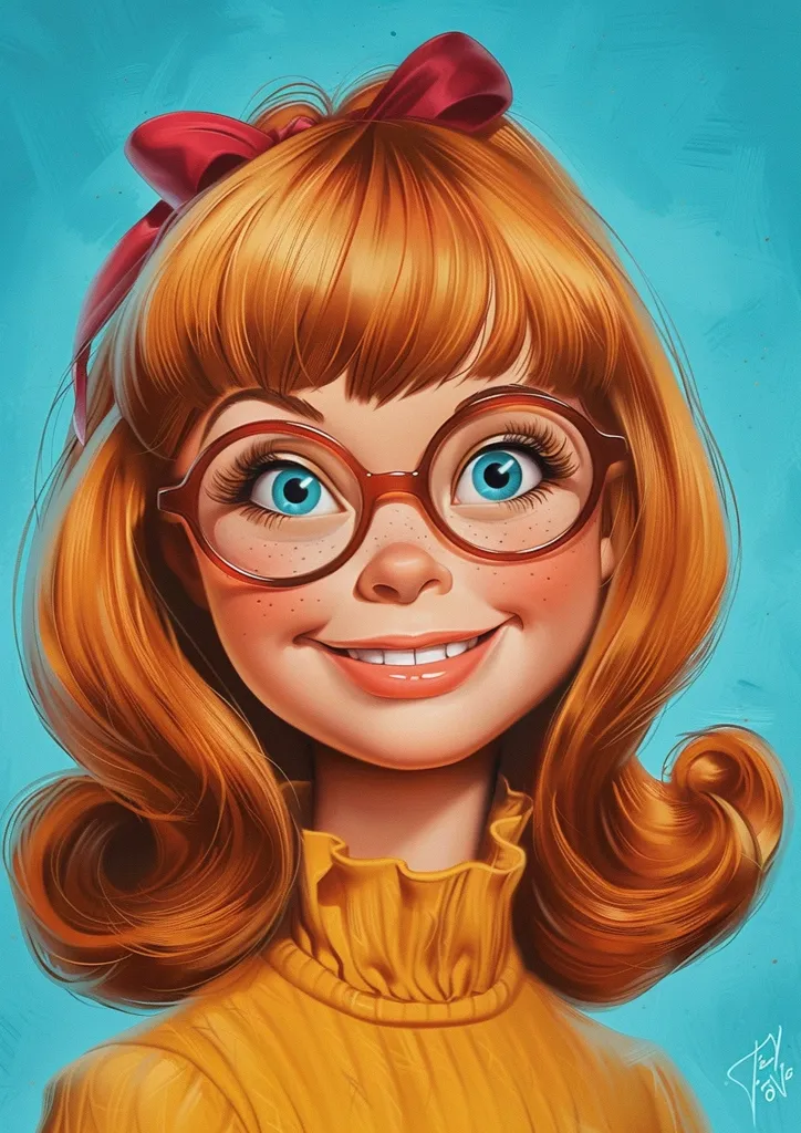 The image depicts a cartoon girl with long, flowing red hair tied up with a red bow. She is wearing large, round glasses and a yellow turtleneck sweater. She has bright blue eyes, rosy cheeks, and a wide, cheerful smile. The background is a simple blue, providing a clean backdrop for the girl's portrait. The overall style is bright and whimsical, reminiscent of classic cartoons.