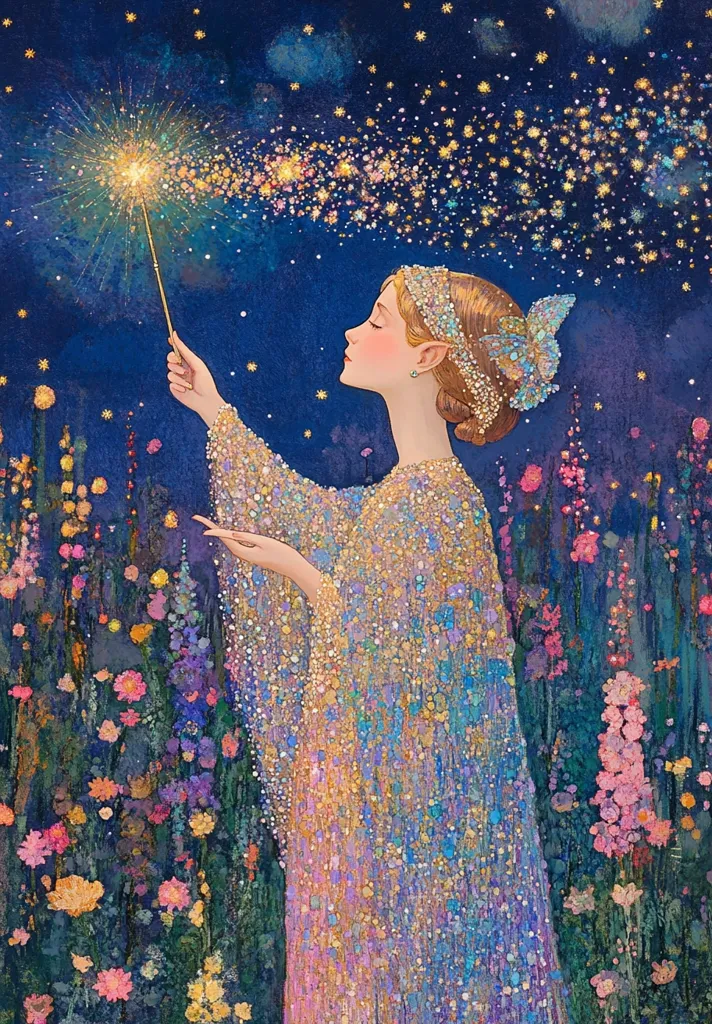 A woman in a sparkling gown stands in a field of flowers, her hand reaching out towards a glowing wand. Stars shimmer in the night sky above her, creating a magical atmosphere. The woman's expression is serene, as if she is connected to the mystical energy around her. The painting is full of vibrant colors and intricate details, capturing a sense of wonder and enchantment.