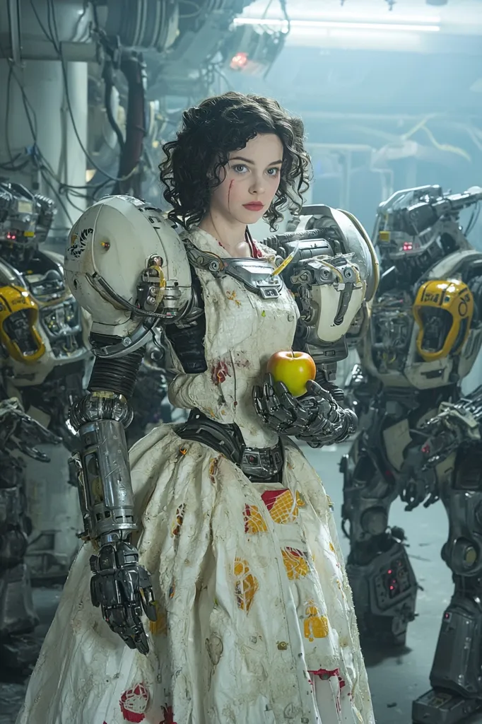 A young woman with dark curly hair stands in a white dress adorned with colorful patterns, her left arm replaced with a robotic prosthetic. She holds an apple in her prosthetic hand, her expression thoughtful as she gazes at the camera. Behind her, towering metallic robots stand, their imposing figures creating a stark contrast to the woman's delicate appearance. The scene suggests a futuristic setting where technology and humanity coexist in an intriguing way.