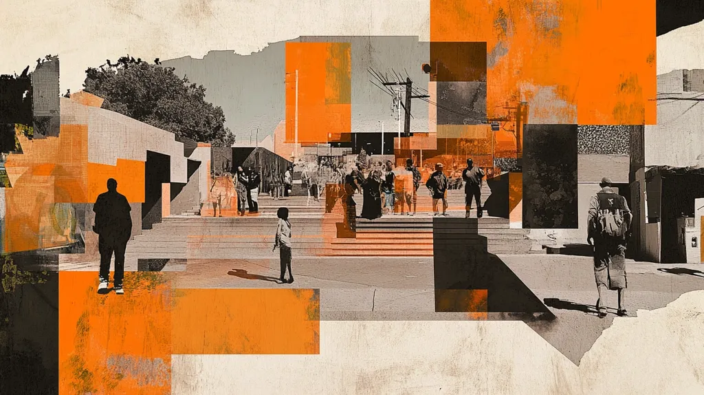 A collage-style image of an urban scene. The composition is made up of various shapes and colors, with a focus on a group of people walking on a set of stairs. The image is dominated by shades of gray and orange, with some green in the background. There is a sense of movement and energy in the scene, with the people seemingly in motion and the colors vibrant and bold. The overall effect is abstract and expressive.