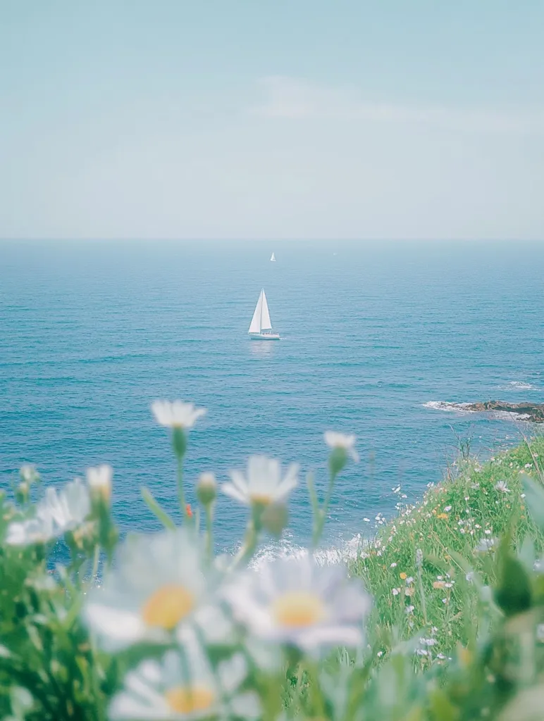 The image captures a serene coastal scene with a sailboat sailing across the vast blue ocean. The white sails of the boat stand out against the clear, azure water. The foreground is filled with a field of daisies, their white petals blurring gently against the distant horizon. The sky above is a soft, pale blue, creating a tranquil and dreamlike atmosphere.