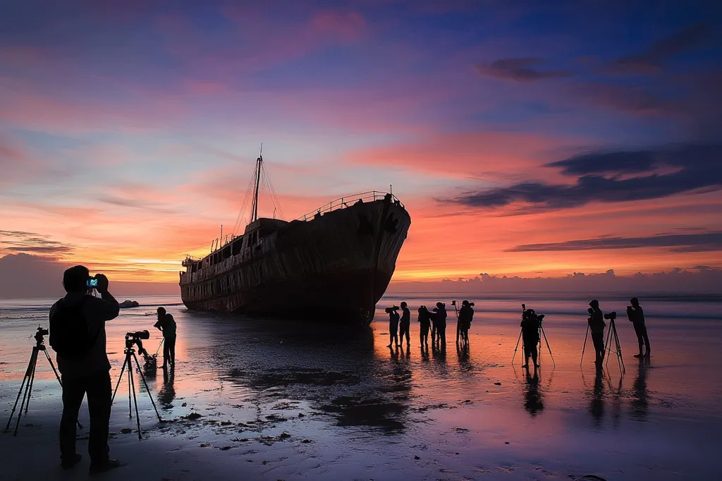 A group of photographers stand on a beach at sunset, silhouetted against the vibrant sky. They are all taking photos of a large, beached ship, its bow pointed towards the horizon. The water is calm and reflects the warm hues of the sky. The scene captures the beauty of nature and the artistic spirit of photography.
