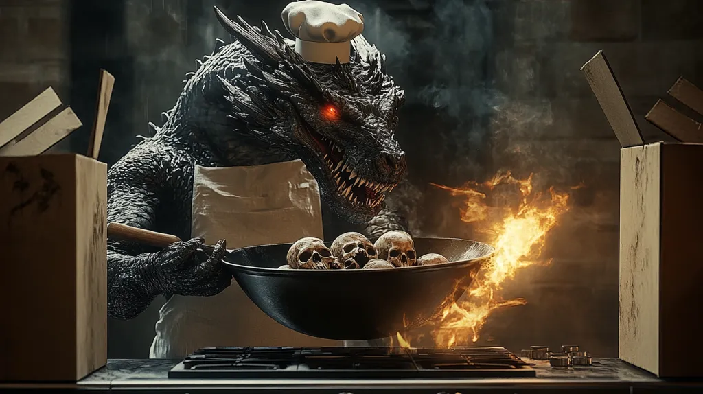 A dragon wearing a chef's hat is cooking skulls in a wok on a stove. The dragon has red eyes and a menacing expression. The wok is engulfed in flames. Cardboard boxes and other kitchen items are visible in the background. The scene is dark and smoky, creating an eerie and unsettling atmosphere.  The image suggests a dark and dangerous world where death is a common ingredient.