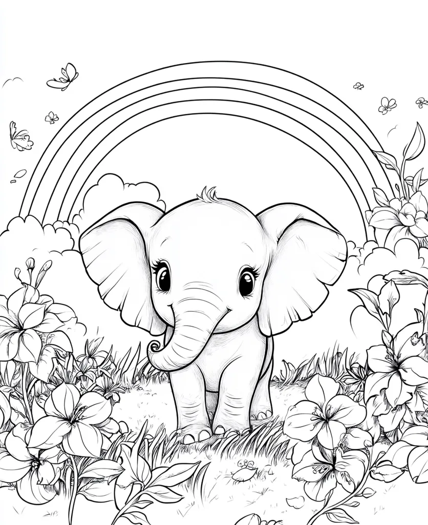 The image is a black and white illustration of a cute baby elephant standing in a field of flowers. A rainbow arches over the elephant, with clouds and butterflies floating in the air. The scene is idyllic and charming, perfect for a children's book or coloring page.
