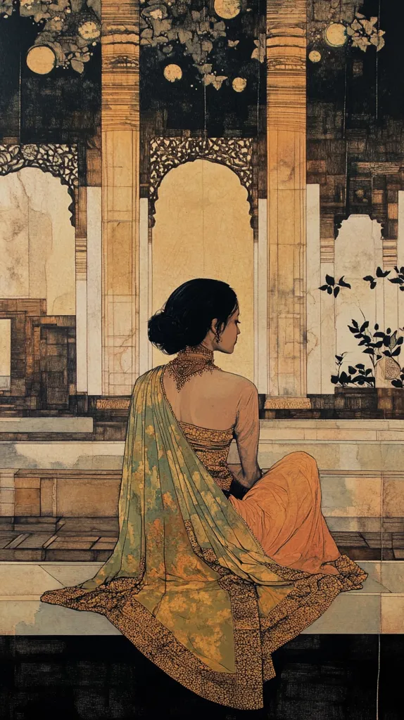 The image is a painting depicting a woman in a traditional Indian sari, sitting on a stone ledge. She is facing away from the viewer, her back towards the camera. The scene is set in an ornate, ancient building with archways and intricate carvings, suggesting a palace or temple. The background features a darkened sky with scattered stars or orbs of light, creating a sense of mystery and timelessness. The woman's posture and the overall atmosphere evoke a sense of solitude and contemplation.