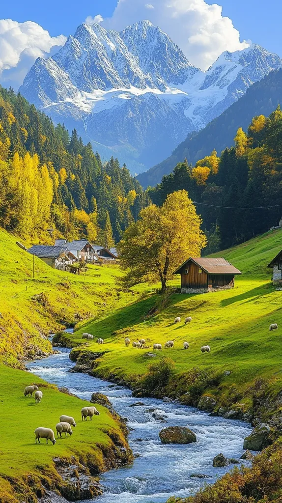 The image depicts a picturesque mountain valley with a meandering stream flowing through lush green meadows. In the background, snow-capped mountains rise majestically against a clear blue sky.  A few rustic houses are nestled in the valley, and a small flock of sheep grazes peacefully. The scene is a harmonious blend of nature's beauty, tranquility, and serenity.