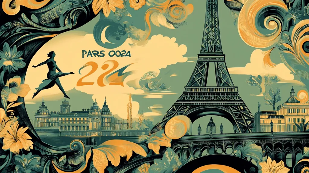 A stylized illustration depicting a Parisian scene. The Eiffel Tower dominates the right side, with the Seine River in the foreground. A woman in silhouette leaps through the air, the number 224 in orange against a cloudy sky. A building in the background and stylized floral motifs complete the image. The text "PARS 0024" is at the top left.