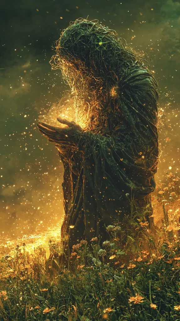 A shadowy figure, cloaked in swirling vines and leaves, stands in a field of wildflowers. Golden light and sparks emanate from the figure's hands, illuminating the surrounding greenery. The image creates an ethereal and mystical atmosphere, suggesting a powerful being with a connection to nature.  The contrast between the dark figure and the vibrant surroundings evokes a sense of mystery and intrigue.