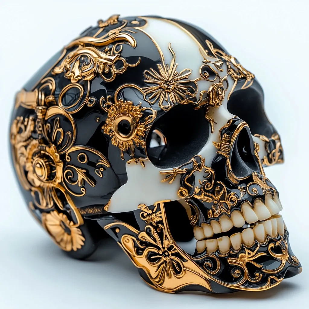 The image shows a human skull, intricately decorated with gold floral patterns. The skull is painted in black and white, with the gold accents adding a touch of opulence and a contrasting color scheme. The skull is lying on a white background, making the gold details stand out even more. The skull appears to be a decorative piece rather than a real bone, as its teeth are perfectly aligned and polished.  The image evokes a sense of both beauty and mortality.