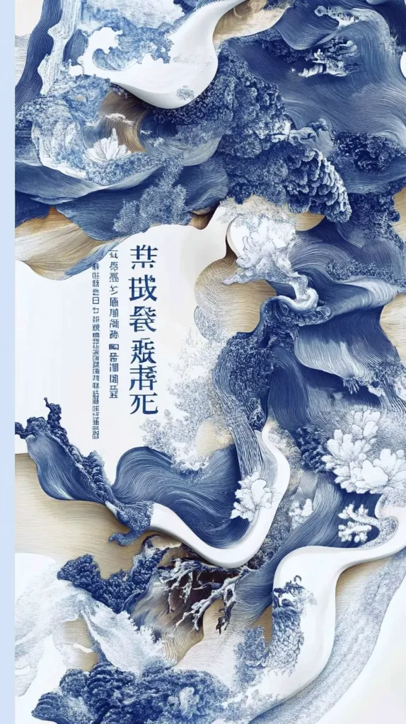 The image is an abstract artwork featuring swirling, blue and white lines, reminiscent of water or clouds. The lines create a sense of movement and depth, suggesting a flowing, ethereal landscape. The background appears to be a light tan, providing a subtle contrast to the dominant blue tones. A Chinese character is prominent on the left side of the image. The overall effect is serene and captivating.