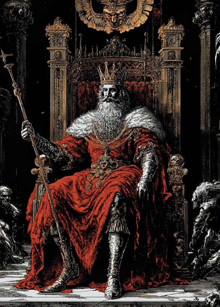 A king, adorned in a golden crown and a long white beard, sits upon a majestic, ornate throne. His crimson robe billows around him, and he holds a scepter in his gloved hand. The throne is adorned with elaborate carvings and the king is surrounded by darkness, making him appear as a powerful and mysterious figure.  A shadowy figure kneels in the foreground, adding to the sense of intrigue.