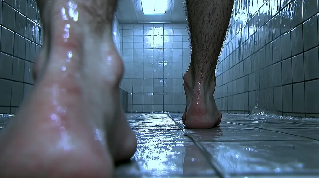 The image is a close-up of a person's legs in a shower. The person is standing in a tiled shower with water dripping from the walls. The image is taken from a low angle, looking up at the person's legs. The person's feet are wet and glistening. The tiles are white and grey, and the walls are covered in water droplets. The light in the shower is dim, creating a shadowy atmosphere. The image is suggestive of a moment of quiet contemplation.