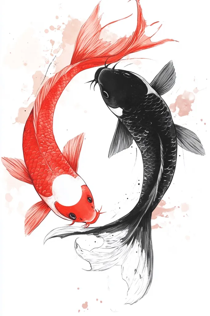 The image depicts two koi fish, one red and one black, swimming in a circular pattern. The red fish has a white spot on its body and the black fish has a white spot on its head. Their tails are intertwined, creating a yin and yang symbol. The background is a white canvas with light pink watercolor splotches. The image is a beautiful and symbolic representation of balance and harmony.