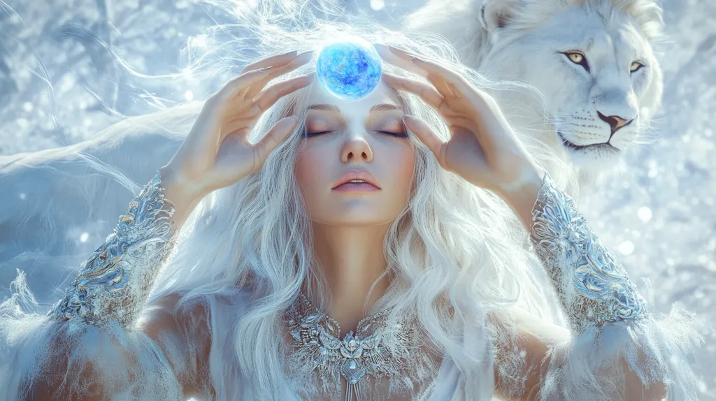 A woman with long white hair, wearing intricate silver jewelry, holds a blue orb above her forehead with her eyes closed. The image is shot in a soft, ethereal style with a white lion behind her, creating a sense of magic and mystery.  The image is likely an illustration or a digital art piece.