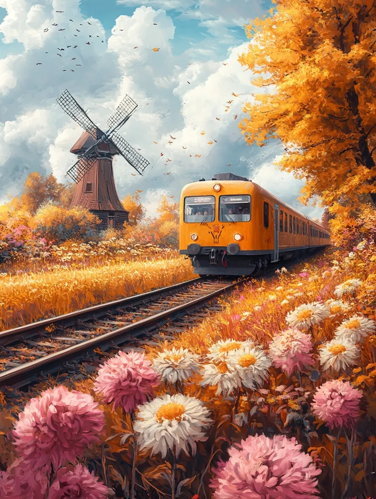 A yellow train travels through a picturesque landscape.  A wooden windmill stands in the background, with a field of flowers and a golden tree to the right.  The sky is blue with fluffy white clouds. The overall scene is peaceful and tranquil.